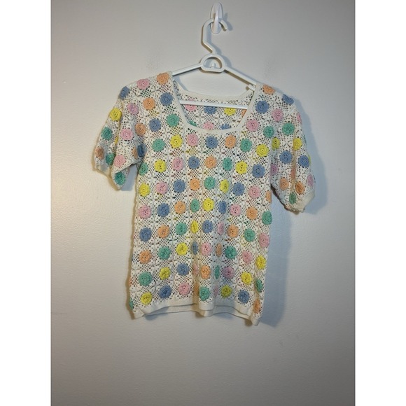 Handmade Granny Square Floral Sweater Sz Small Ivory Grannycore Y2K Cottagecore - Picture 1 of 6